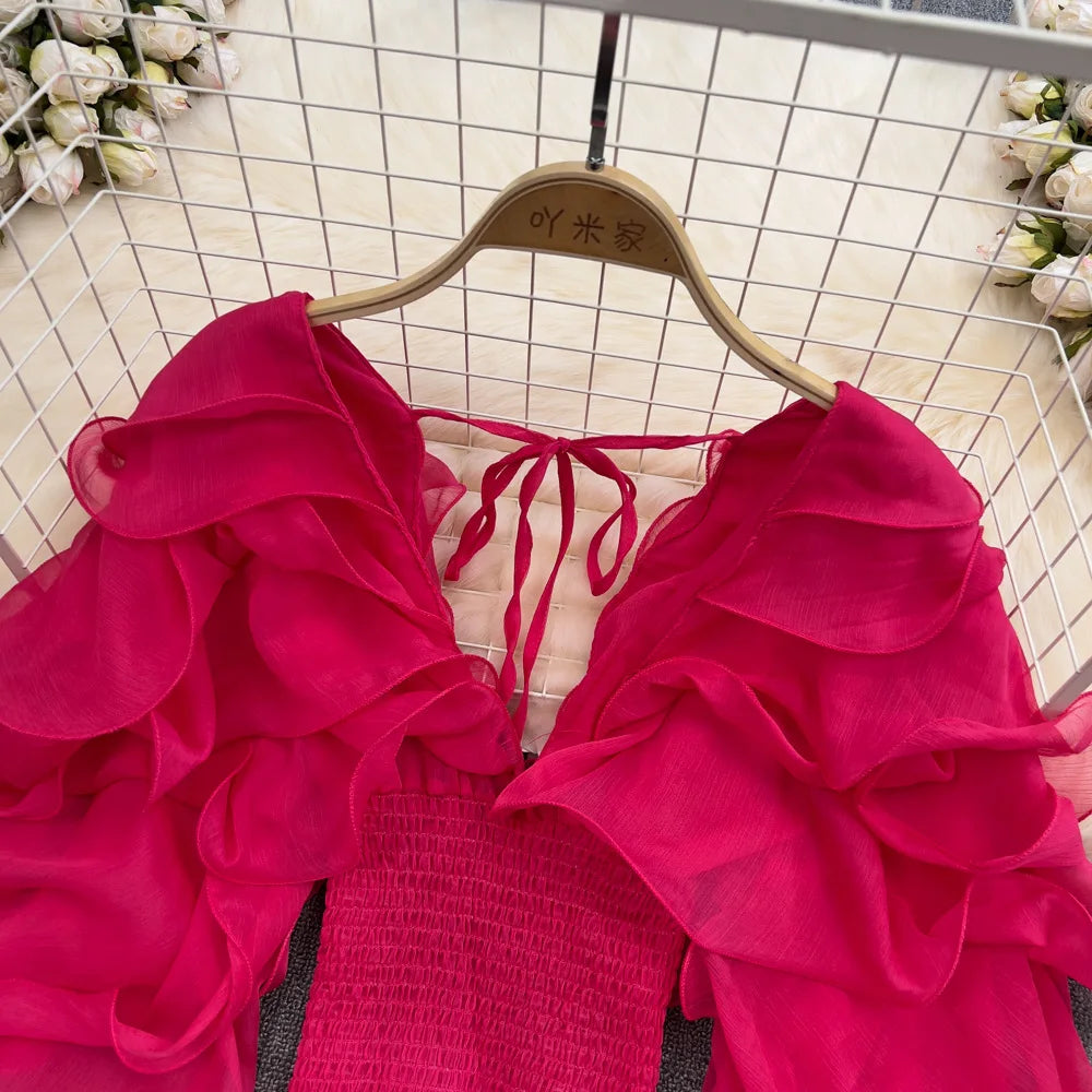 Women Blouse Shirts V Neck Lantern Sleeve Sexy Blouses Casual Work Party Club Ruffles Slim Elegant Splice High Waist Y2k Tops