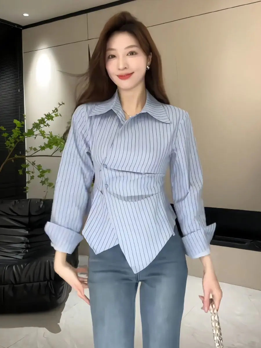 Shirts & Blouses For Women Full Long Sleeve Loose Woman Top Spring And Autumn Button Up Striped Crop Offer Aesthetic Hot Tall Xl