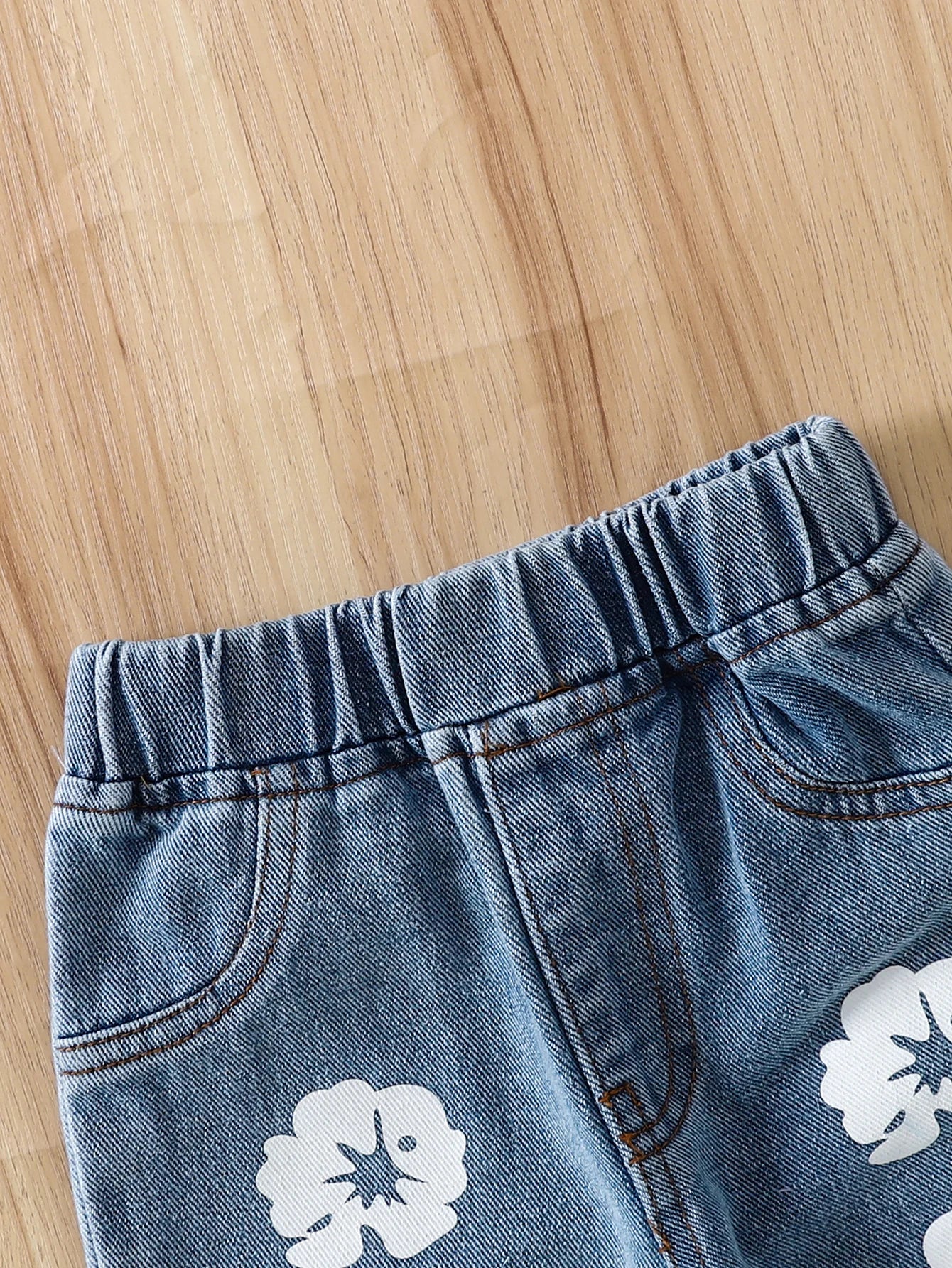 Girls Denim Floral Print Outfit Sweet Cool Casual Wear Resistant Fabric Jacket with Metal Buckle Floral Decoration Casual Style