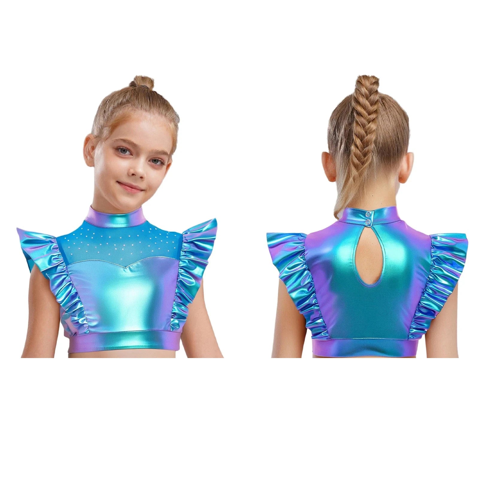 Kids Girls Metallic Shirts Party Disco Jazz Dance Tops Mock Neck Mesh Splice Shiny Rhinestone Sleeveless Ruffle Tank Crop Tops