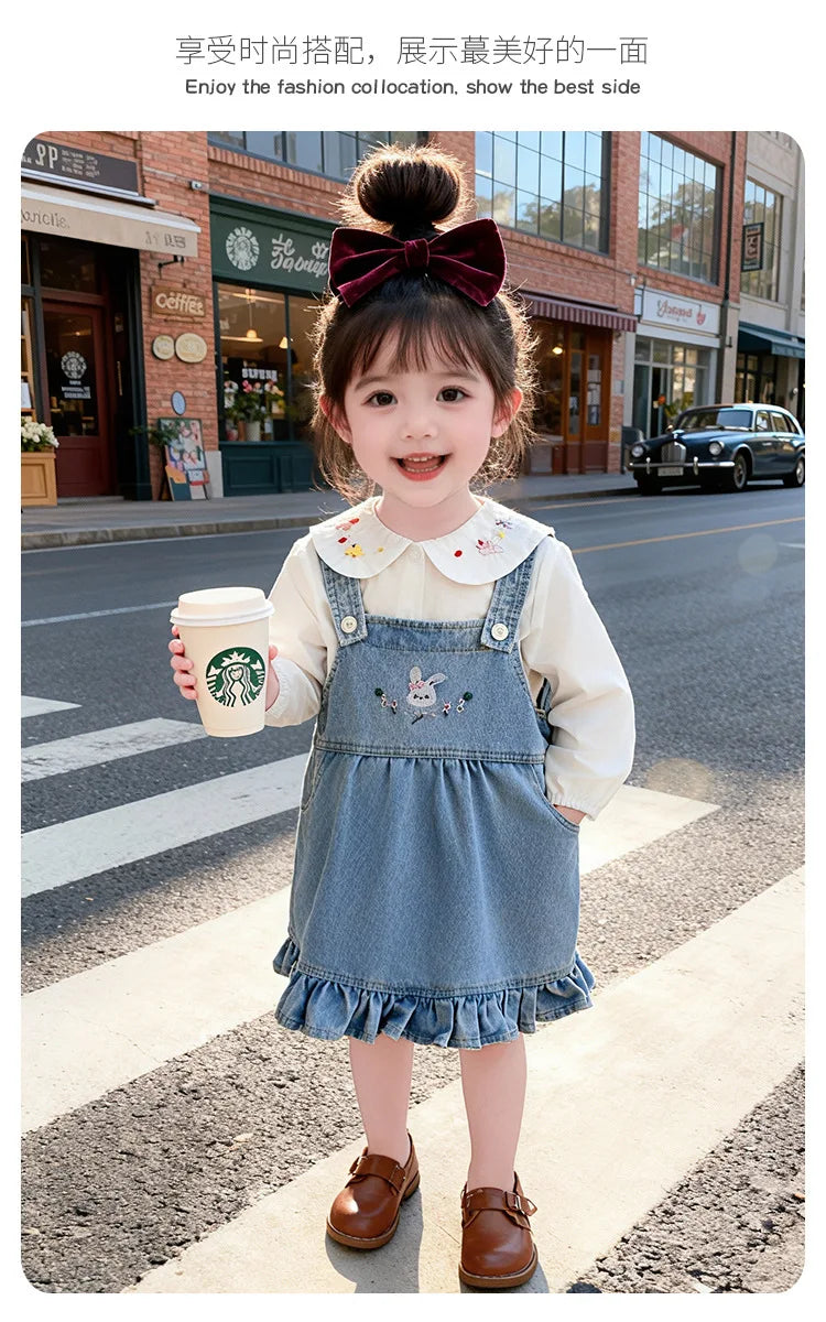 Girls Shirt Set Spring 2026 New Foreign Style Two-piece Set Baby Denim Strap Skirt