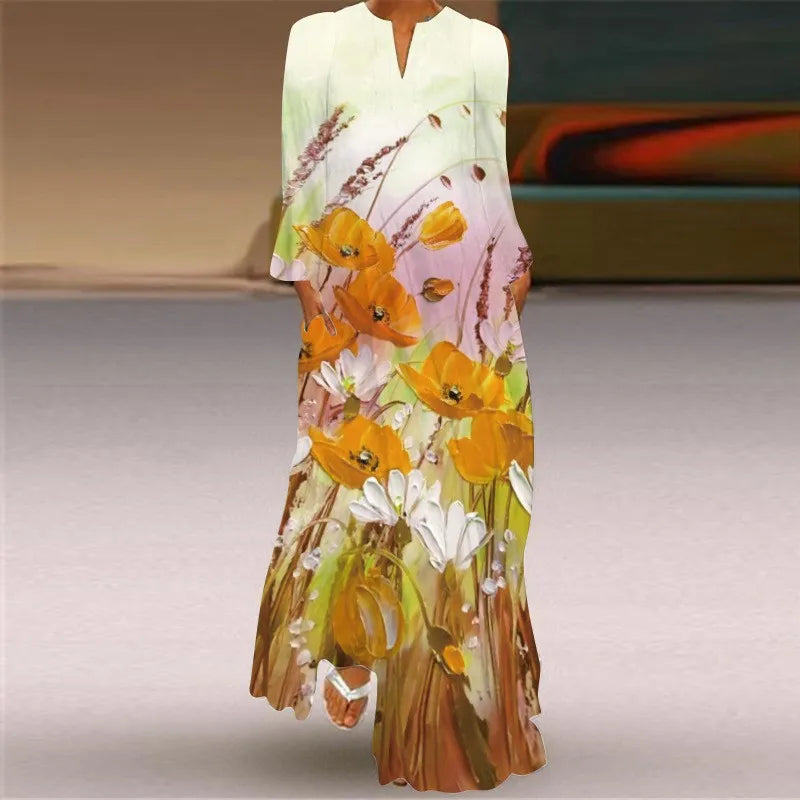 Summer Dress Woman 2025 New Long Dress Party Travel Photography 3D Printing Dress Red Long Sleeve V-neck Elegant Pocket Dresses