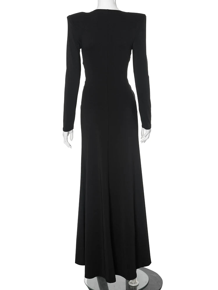 Nibber Elegant Women Dress Deep v-Neck Long Sleeves High Slits Skinny Solid Classic Premium Ruffles Temperament Banquet Vestidos