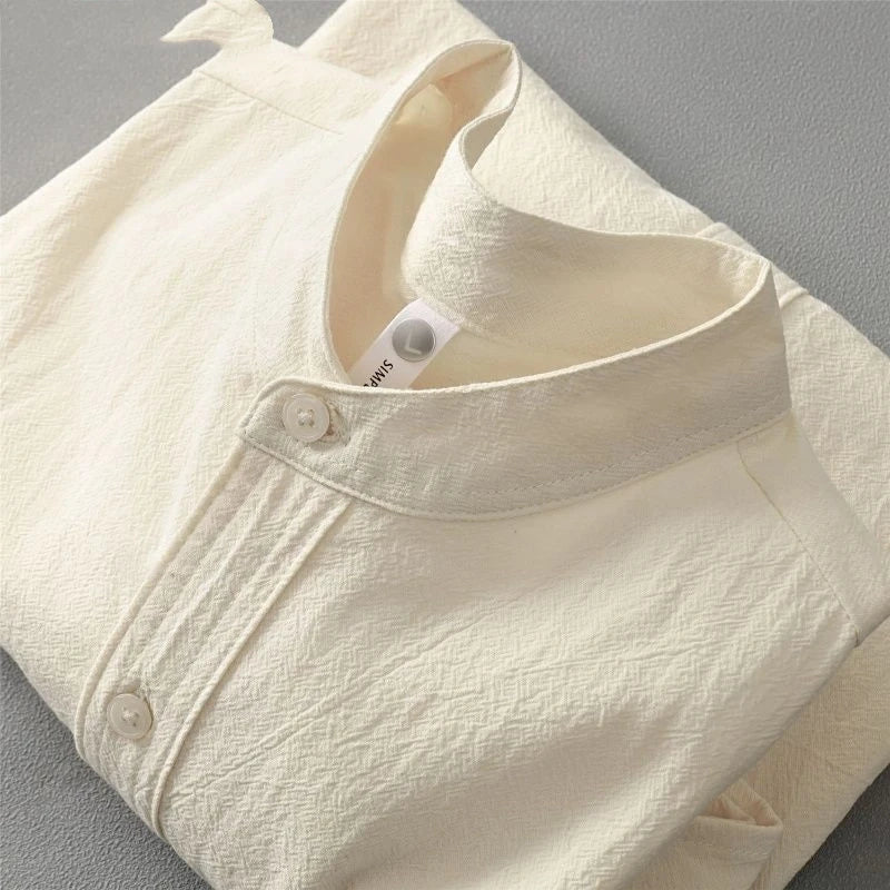 2026 Japanese Stand-up Collar Short-sleeved Shirt Men's Henry Collar Cotton Linen Round Neck Five-point Sleeve T-shirt