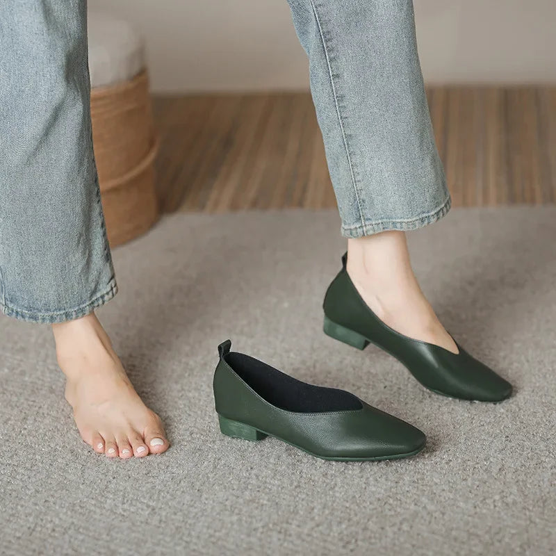 Genuine Leather Multi-color Low-heeled women's Shoes  Round Toe Flat Bottom Shallow Cut Single Shoe Casual Versatile Loafers