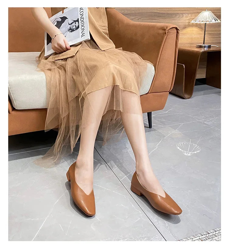 Genuine Leather Multi-color Low-heeled women's Shoes  Round Toe Flat Bottom Shallow Cut Single Shoe Casual Versatile Loafers