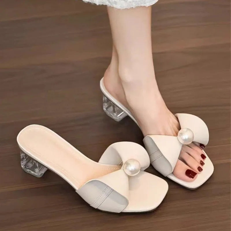 2026 Summer New High Heel Slippers Women Charm Pearl Coarse Heel French Cool Slippers Shoes Women