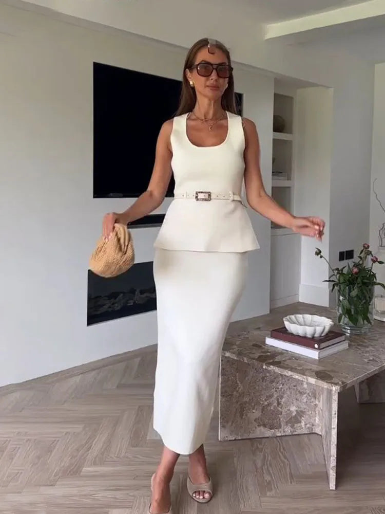 HH Women's Skirt Set Chic Sleeveless O-Neck Belt Decoration Solid Knitted Vest Top+Fashion Elastic Waist Hem Slit Midi Skirt