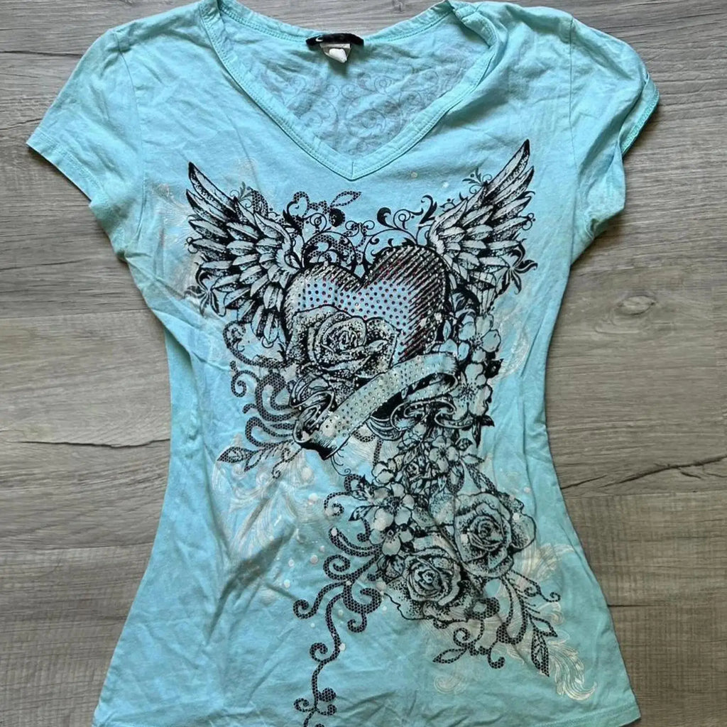 V-Neck Gothic Women Casual Punk Vintage Print T-shirts Short Sleeve Streetwear Slim Tees Subculture Female Summer New Clothing