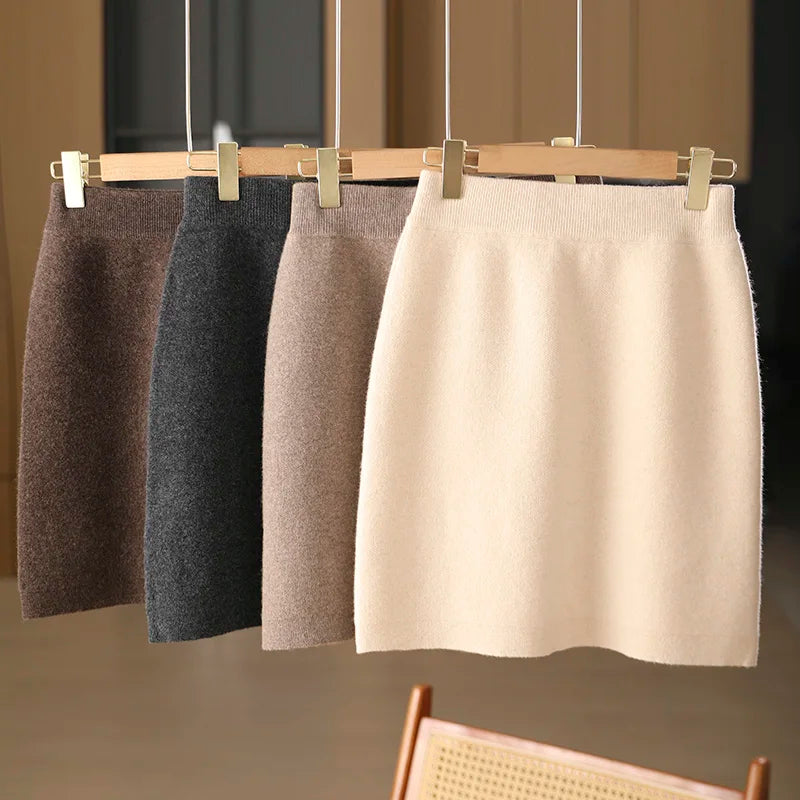 Women Wool Skirts Autumn Winter Office Lady Mini Slim Fit Skirt Elastic Waist 100% Merino Wool Knitted Cashmere Above Knee Dress