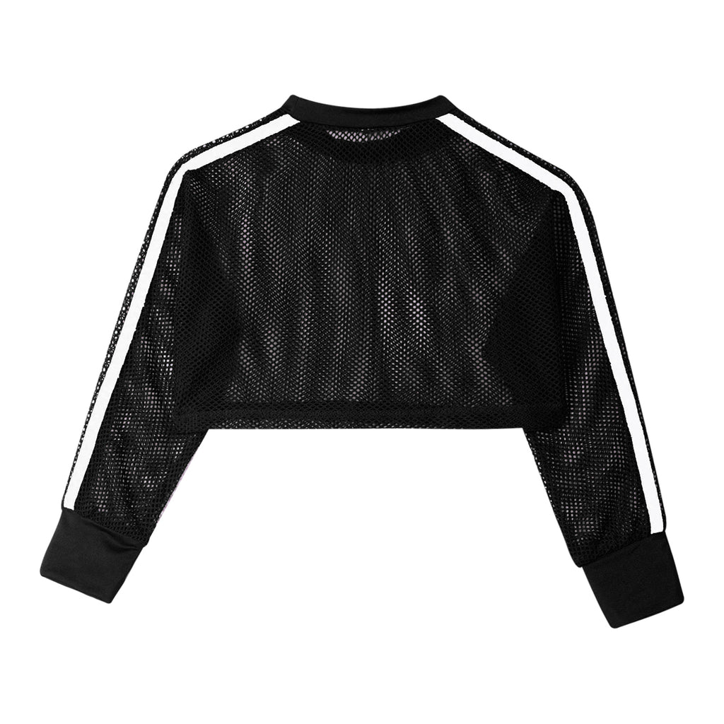 Kids Girls Fishnet T-shirt Hip Hop Street Dance Tops Long Sleeve Round Neck Hollow Out Mesh Crop Top for Workout Gym Sportswear