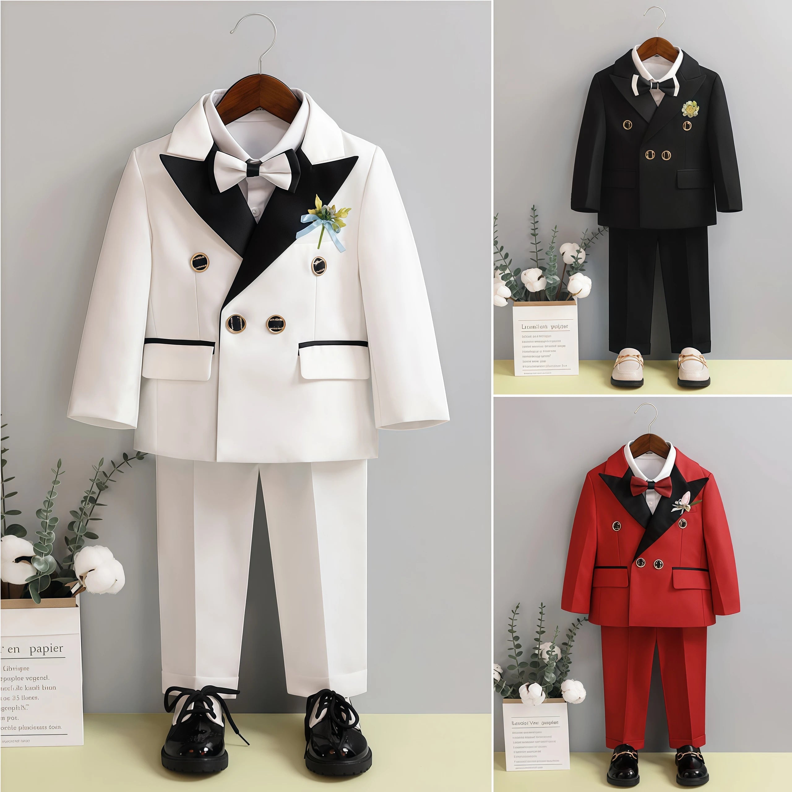 Children Three-Piece White Wedding Suit Kids Jacket Pants Bow Tie For Flower Boys Birthday Tuxedo Party Photograph Formal Outfit