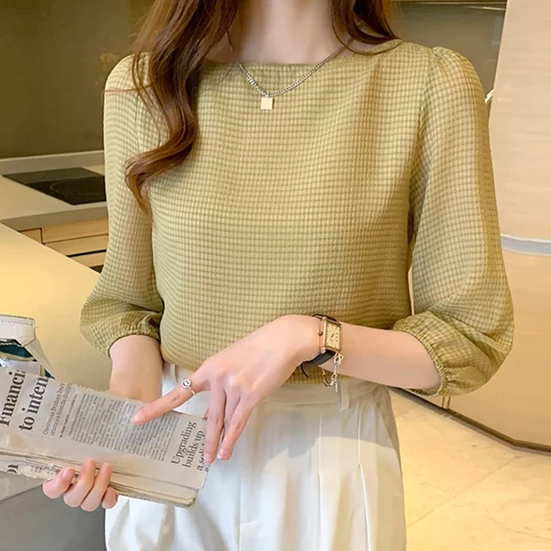 Blusas Para Mujer 2026 New Women Blouse Shirt O-Neck Black Chiffon Blouse Shirt Women Tops Blouses Shirts Blusas Camisas E474