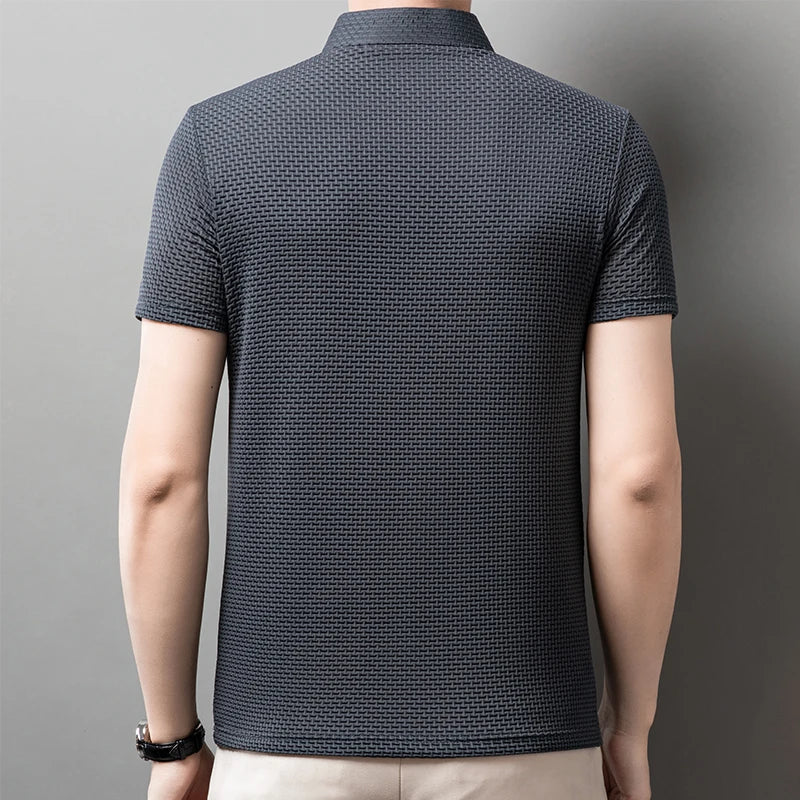 New Men's Business Casual Short Sleeved Bone Flower Solid Color POLO Shirt Fashion Breathable Comfortable Summer Versatile Top