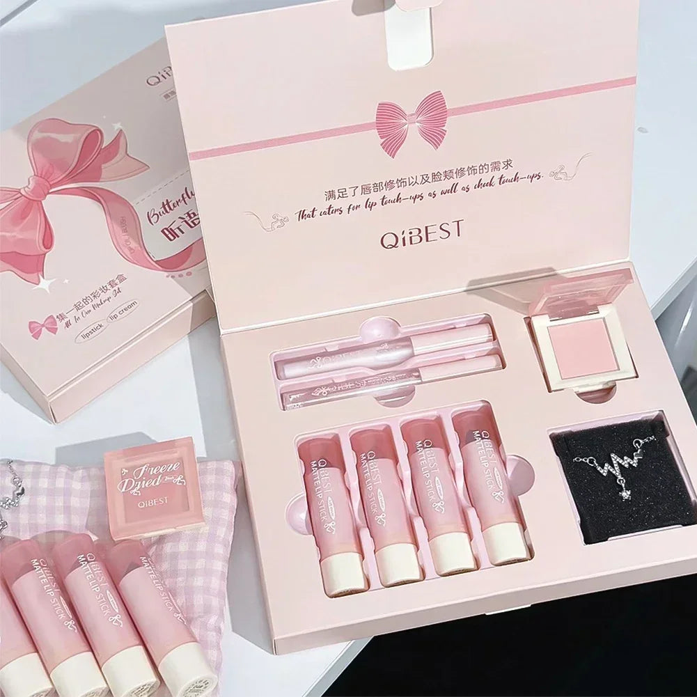 8Pcs Makeup Set Include 4pcs Velvet Nude Matte Liquid Lipstick And 1pc Face Blush Palette With Necklace Gift Cosmetics