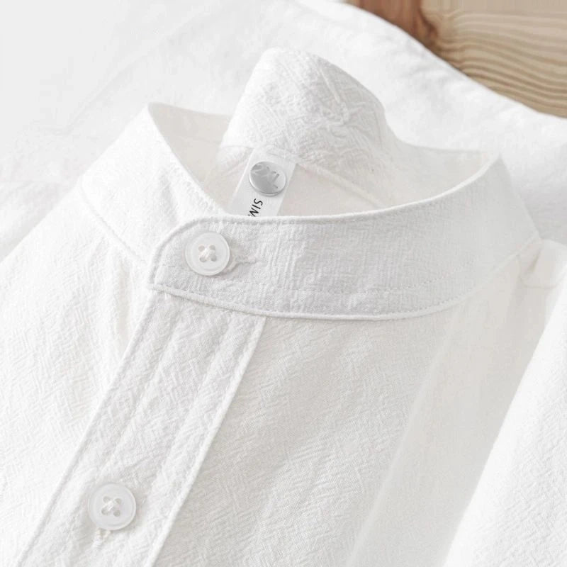 2026 Japanese Stand-up Collar Short-sleeved Shirt Men's Henry Collar Cotton Linen Round Neck Five-point Sleeve T-shirt