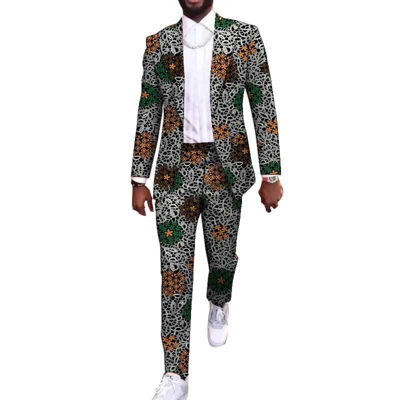 African Party Suit Men Blazers+Trousers Original Design Colorful Print Nigerian Outfits Tailor Made Male Wedding Wear