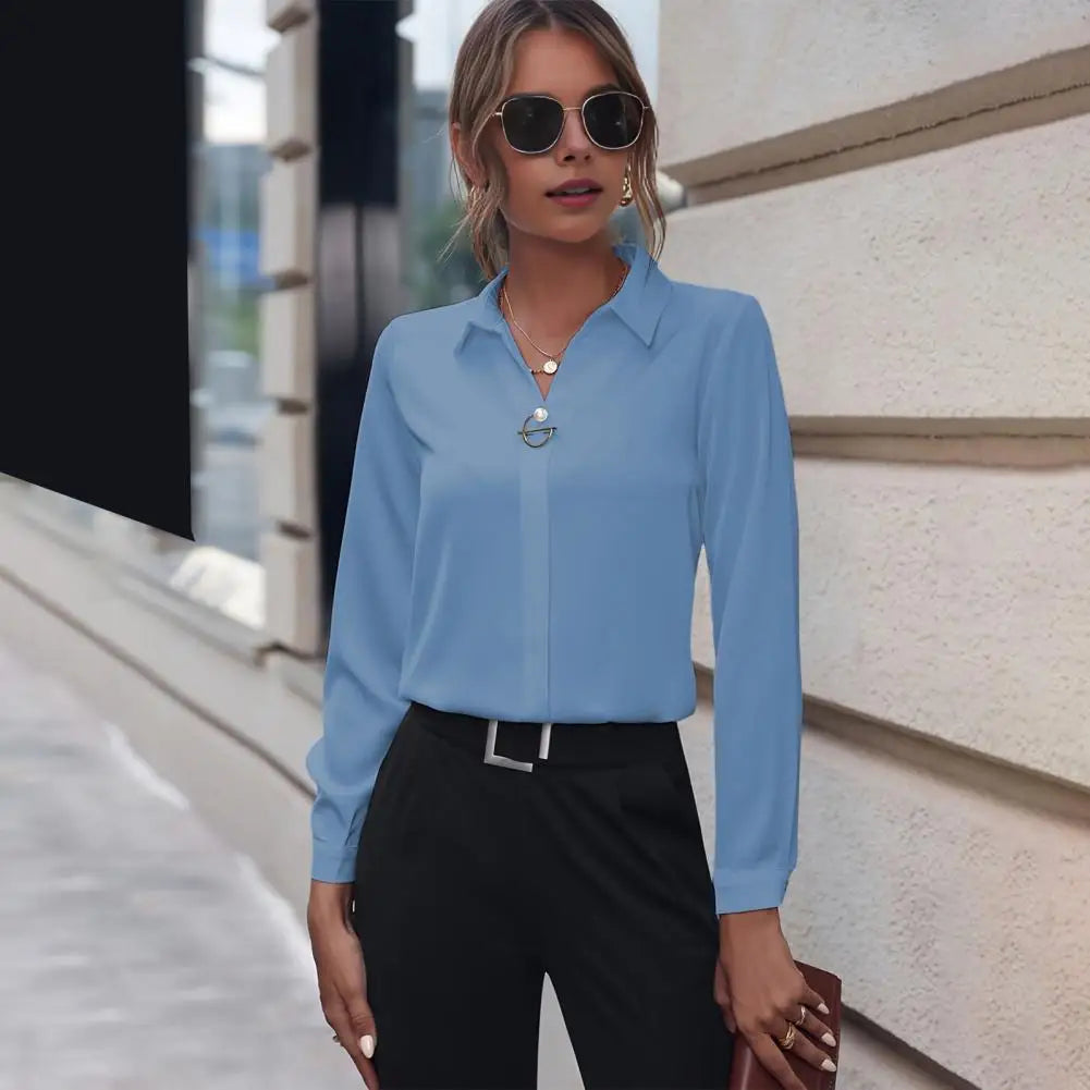 Summer Elegant Women's Blouse New V-neck Long Sleeve Solid Color Loose Shirt Casual White Tops Office Lady Blouses