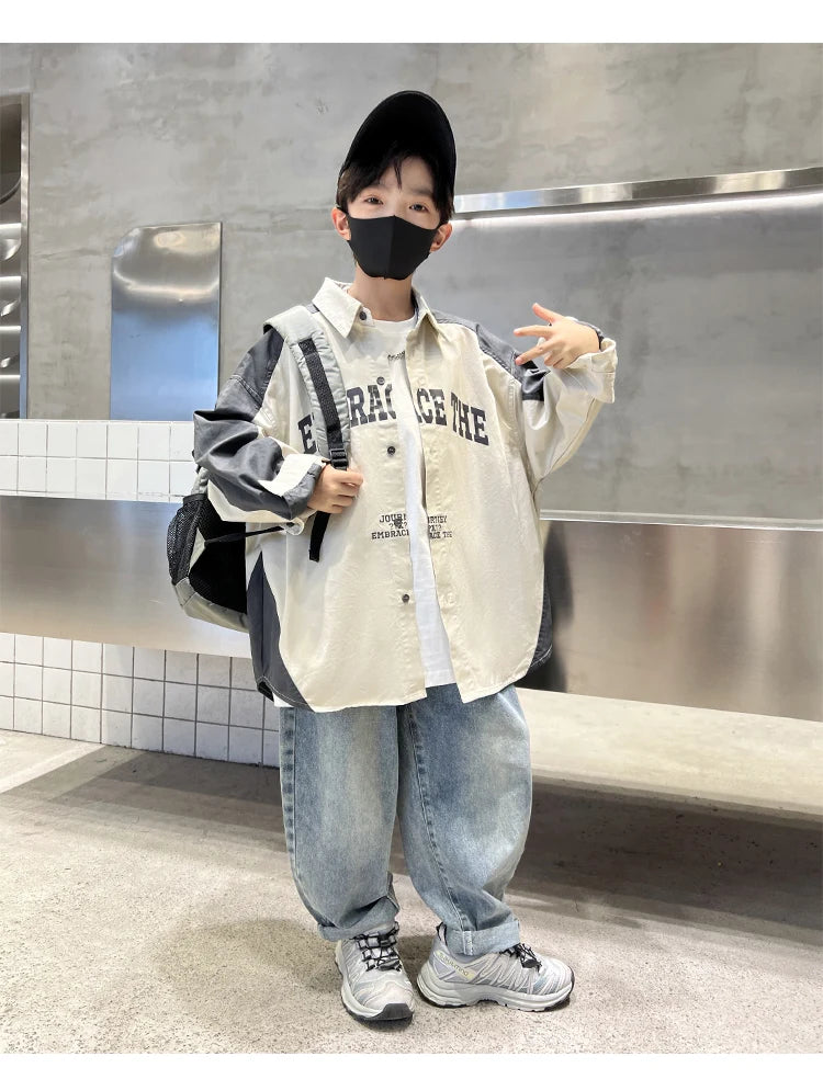 Korean Children Loose Style Long Sleeve Shirt for Teenage Boy Casual Spring Autumn Clothing School Kids Blouses Age 5 To 14 Y