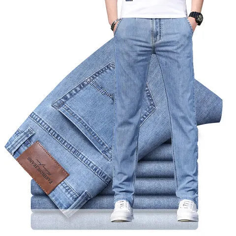 KIDWHXR Men Jean Trousers Slim Elastic Mid Waist Male Denim Pants Fashion Simple Casual Comfortable Man Straight-leg Pant