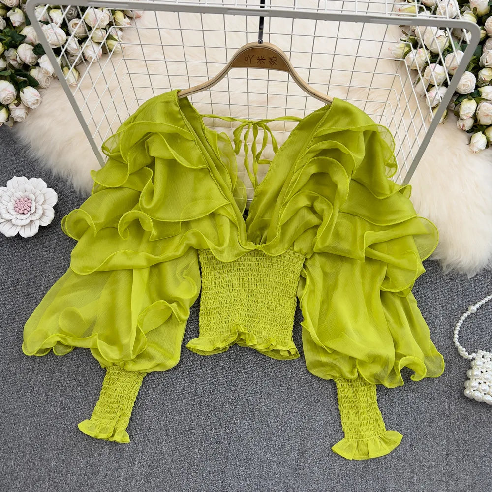 Women Blouse Shirts V Neck Lantern Sleeve Sexy Blouses Casual Work Party Club Ruffles Slim Elegant Splice High Waist Y2k Tops