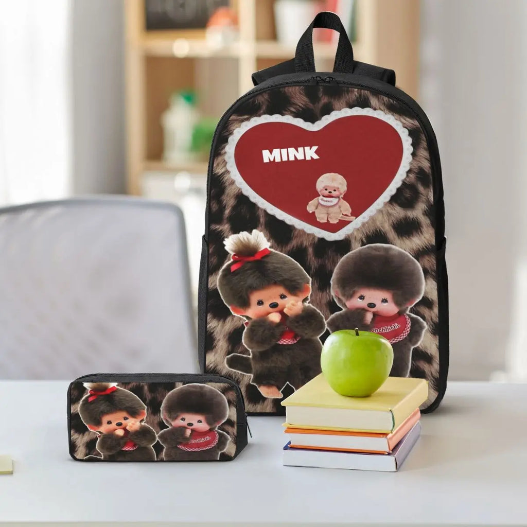 3Pcs Kawaii Monchhichis School bags Set for Girls Boys Pen Bags Backpack Sets with Lunch Box For School Students Daypack