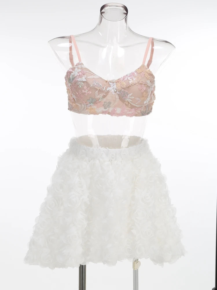 Women Floral Skirt Three Piece Sets Sexy Black Straps Top + Embroidered Sequins Bra + A-line Mini Skirts Suits Evening Cocktail