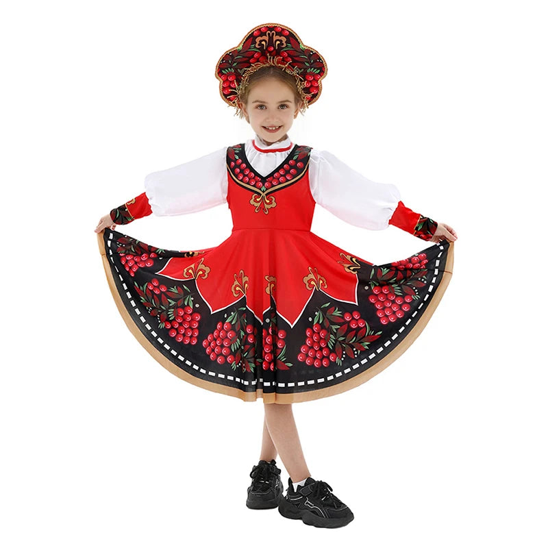 Russian Children Traditional Folk Dance Dress Girls Princess Clothing Tops dress Headwear Carnival Stage Performance Costume