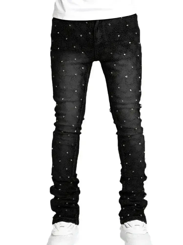 Men's Jeans with Nail Rhinestone Decoration, Shiny Stretch Straight-Leg Jeans, Street Style Hip-Hop Skateboarding Rap Party Dance Pants, Suitable for All Seasons