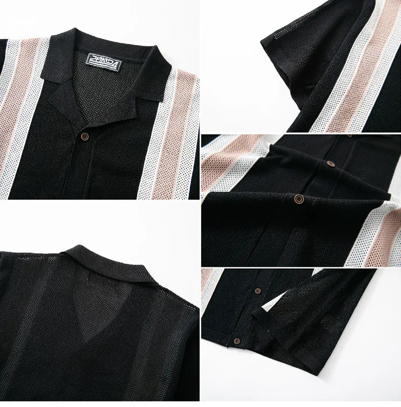 Summer New Knitted Shirts for Men Fashion Cuban Collar Business Casual Social Polo Shirts Knit Cardigans Men Clothing Streetwear