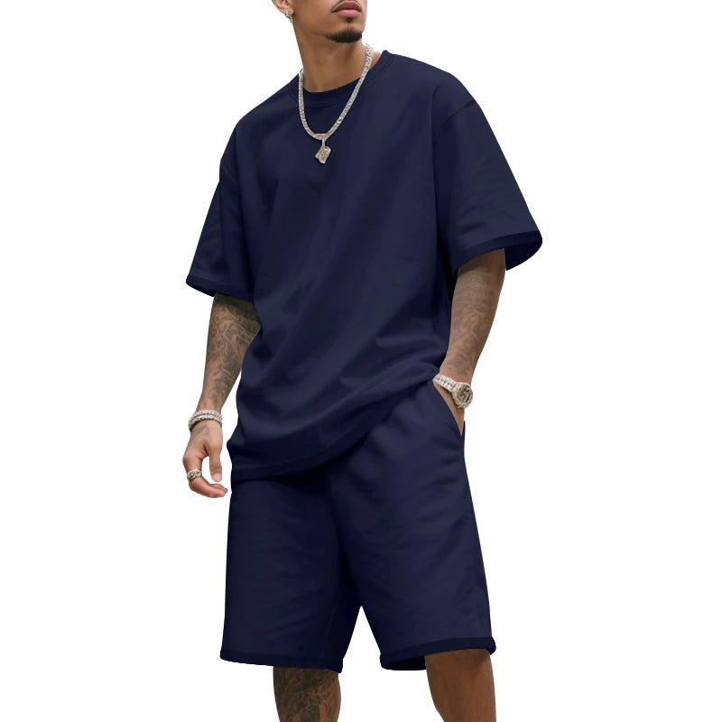Men's two-piece clothing set, loose round-neck T-shirt and shorts set, casual sportswear, perfect for summer