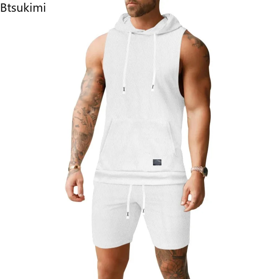 2026 Men's Casual 2 Piece Set Fashion Jacquard Knitted T-shirt Hooded Sleeveless Vest Elastic Waist Shorts Jogging Fitness Suit