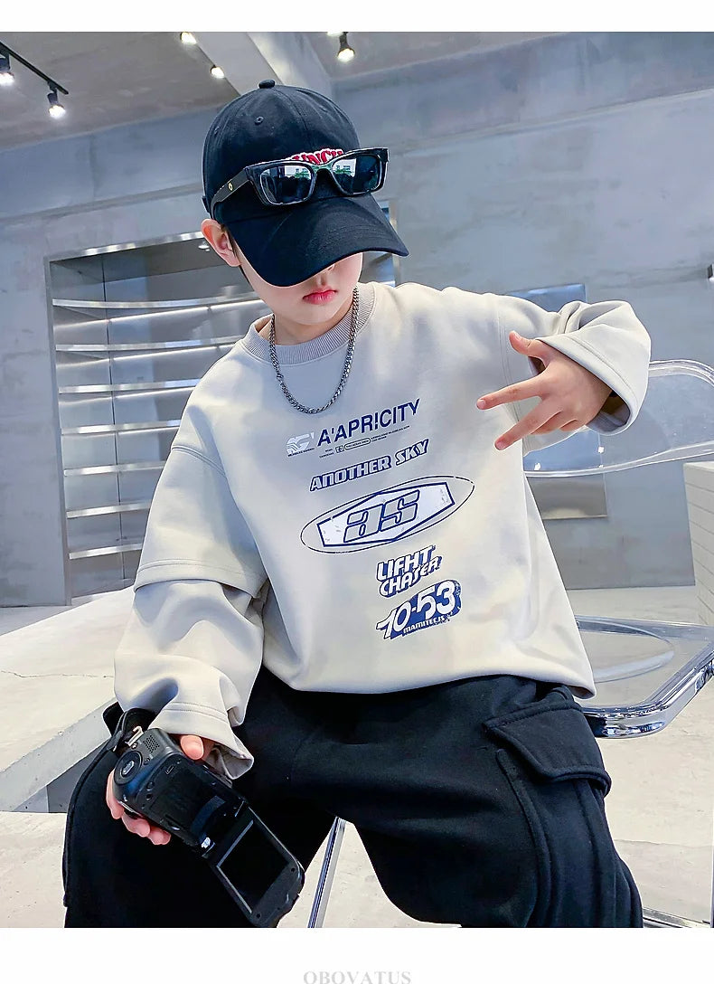 Teenage Kids Tshirts New Spring Fall Clothes Fashion Letter Fake Two Piece Sleeve Costume T-shirt Child Cotton Boy Tees Tops