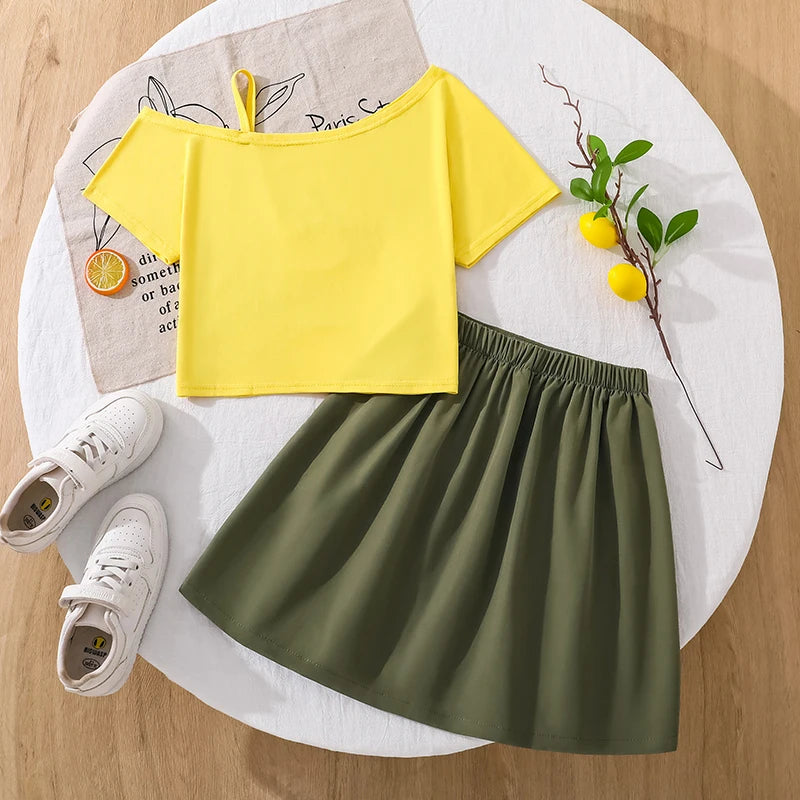Girls 8-12 2-Piece Set, Yellow Fruit Print Off-Shoulder Top & Green Pleated Skirt, Fresh Cute for Daily Summer Wear
