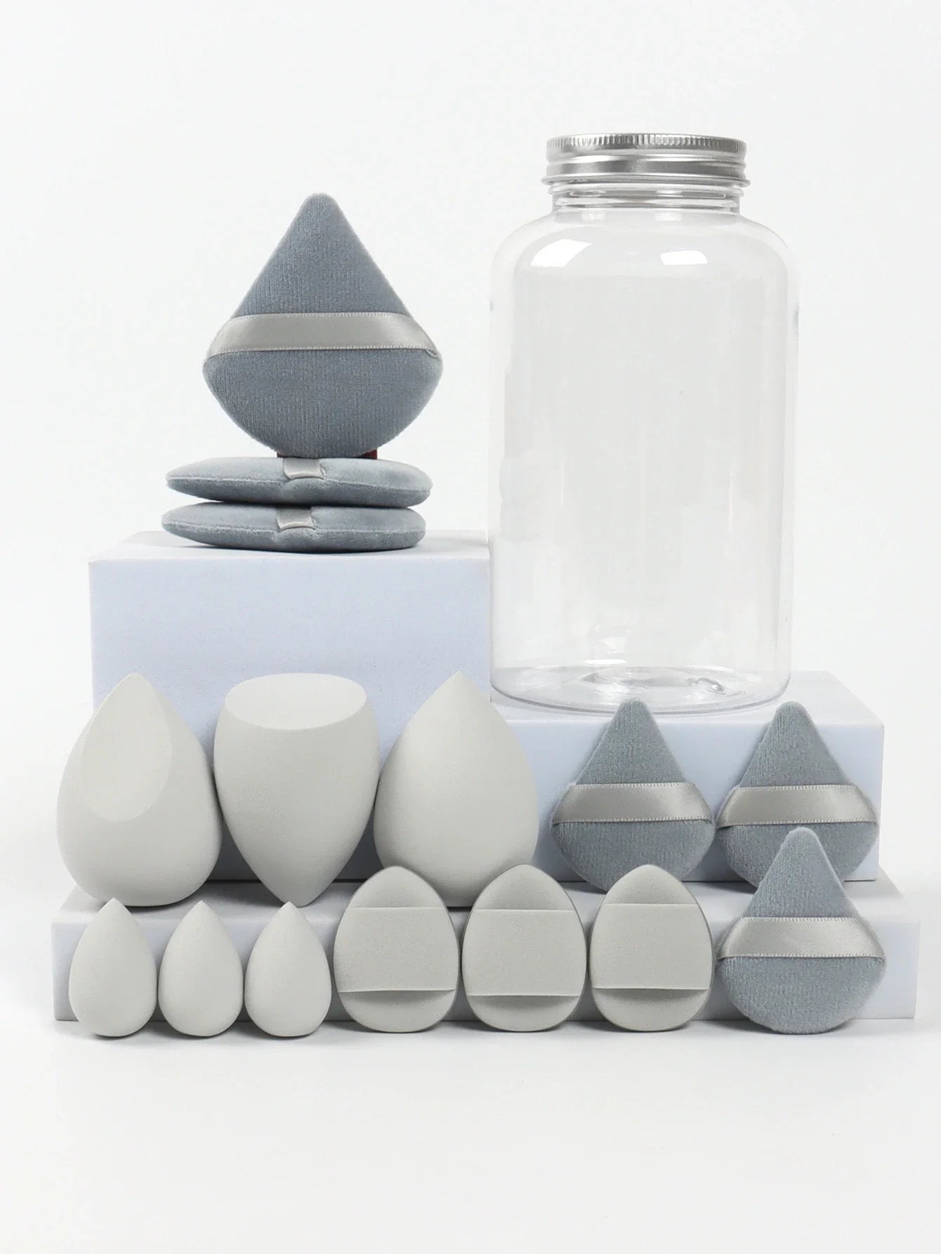 15Pcs Premium Powder Puffs with Storage Jar - Makeup Blending Sponges Set for Face Foundation & Loose Powder Kit