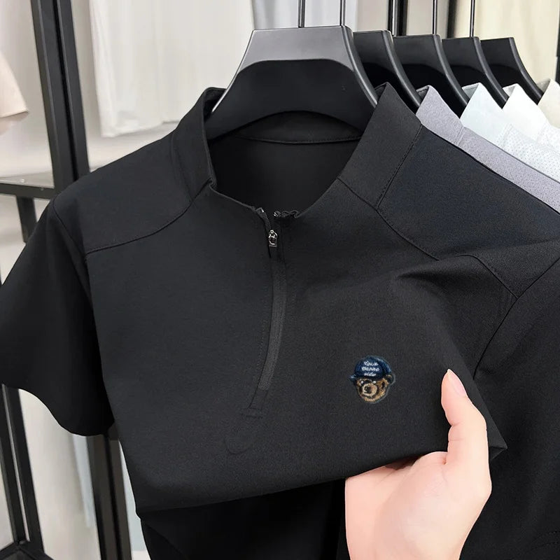 Men's Summer New Bear Embroidered T-Shirt Beach Casual Mesh Half Zipper Short Sleeve Soft Comfortable Splicing Men's Clothing