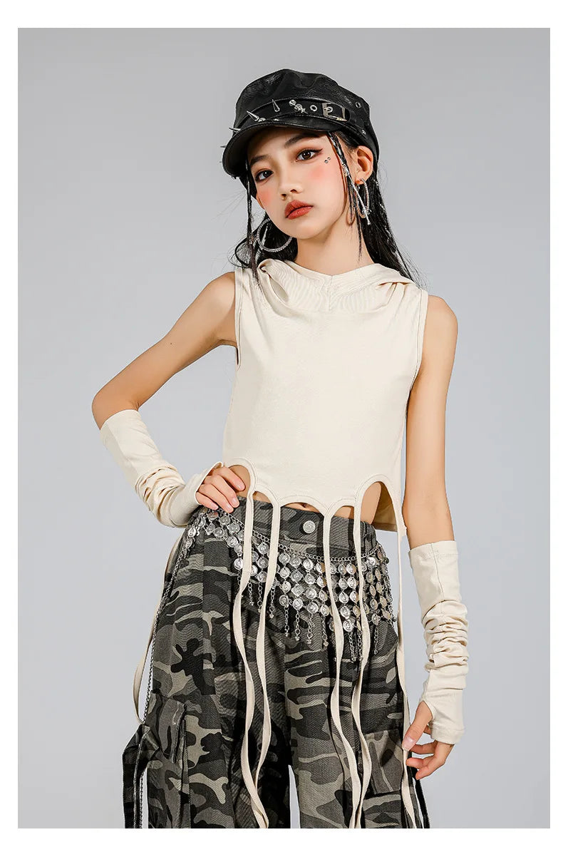 Kid Modern Dance Clothes Girl Jazz Dance Lace up Crop Hoodie Camouflage Pants Navel Performance Suit Kpop Group Stage Costume