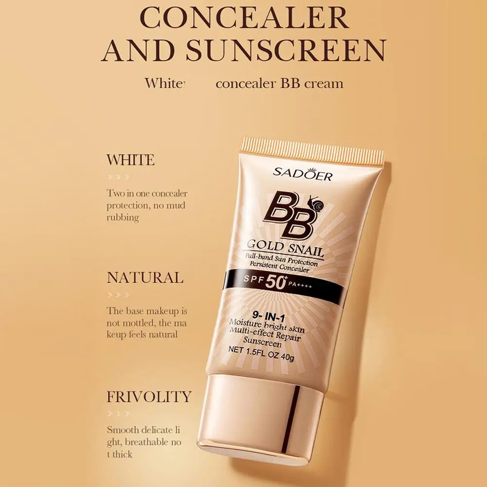 SPF50+ Gold Snail Sunscreen BB Cream Whitening Foundation Concealer Moisturizing Long Lasting Even Skin Tone Makeup Base Primer