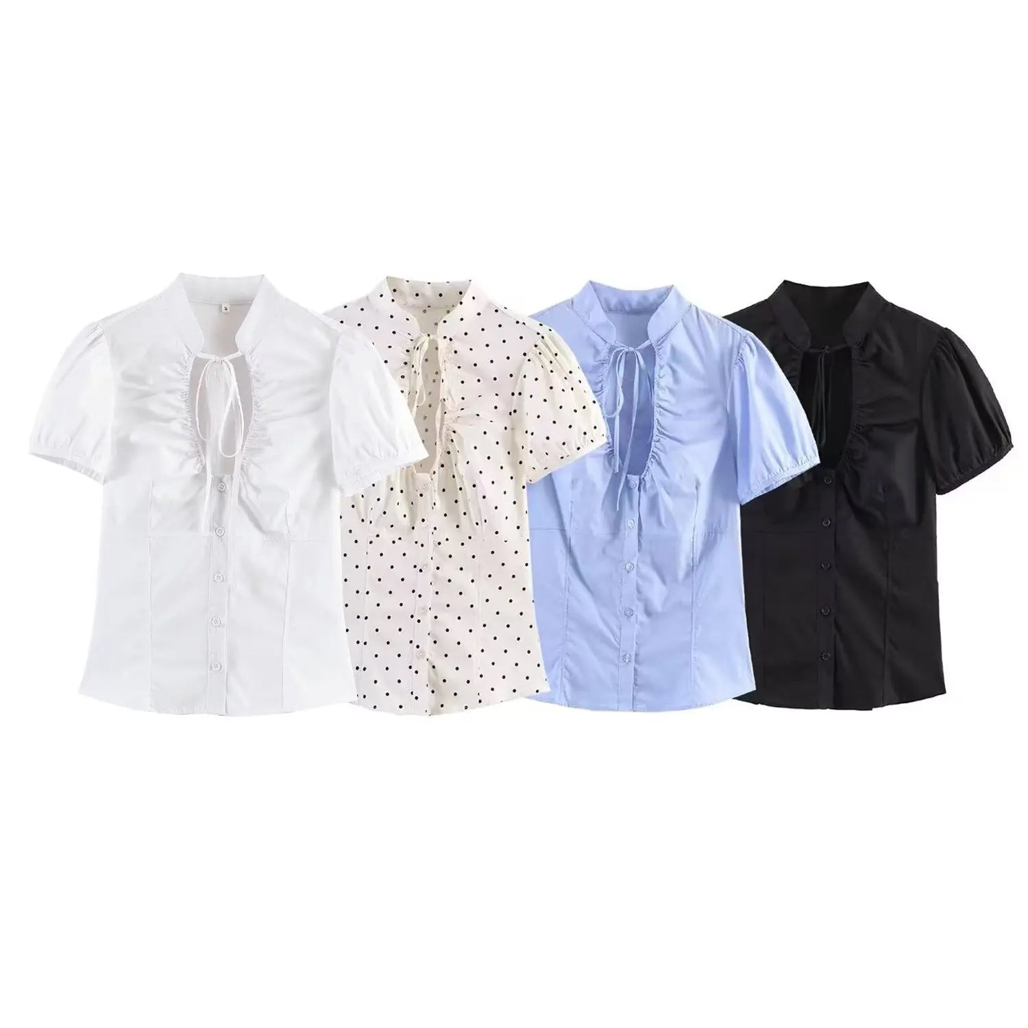 Women Sexy V-Neck Single Breasted Crop Shirts 2026 Summer Female Chic Bow Lace-Up Puff Sleeve Slim Shirts Y2K Girl Cute Shirt