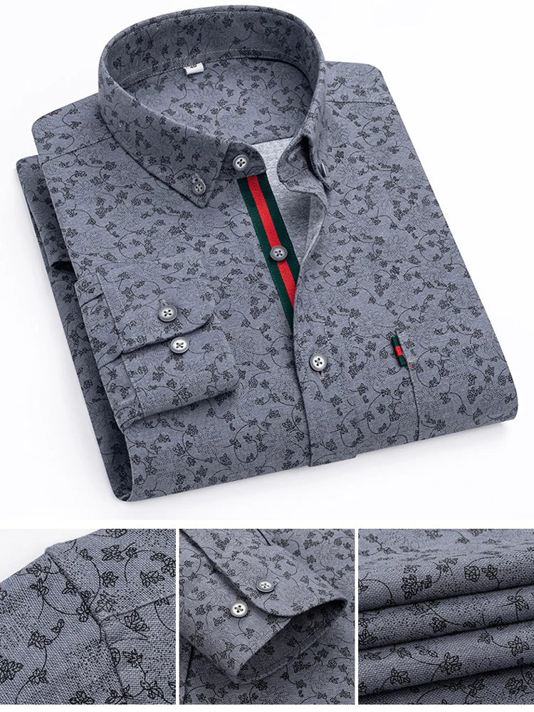 Men's Stylish Floral Print Button-Up Collar Dress Shirt with Stripe Placket, Holiday Style 100% Cotton Long Sleeve Oxford Shirts