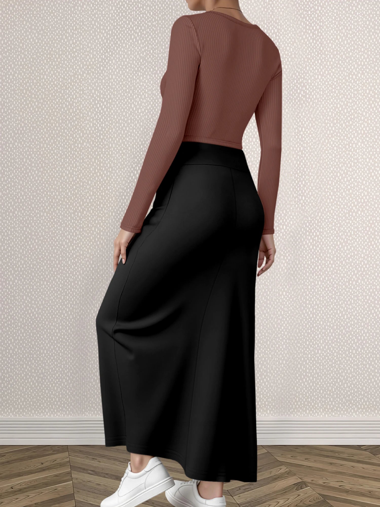 Mature Style Women 2Pcs Outfit, Ribbed Square Neck Crop Top + High Waist Draped A-Line Maxi Skirt