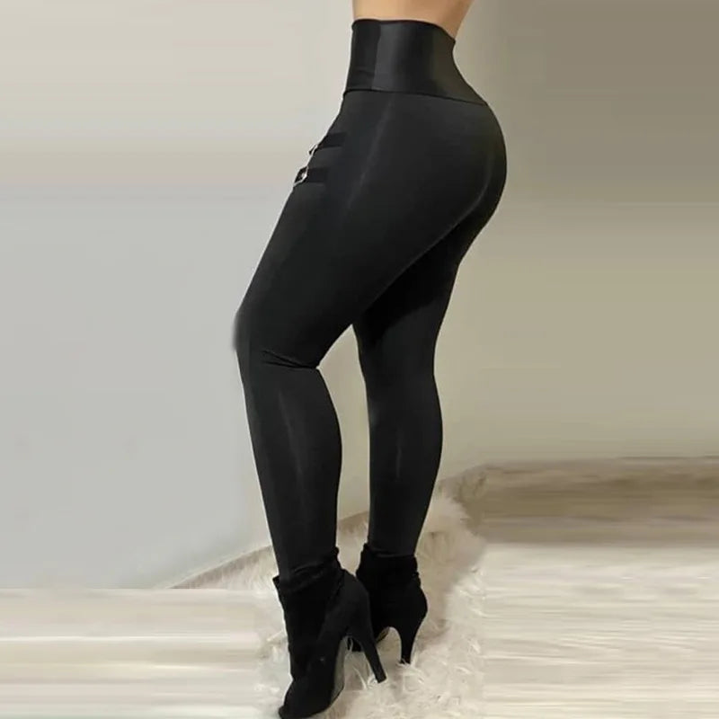 Ladies Black Leggings Trousers High-Waisted Casual Tight Pants Zipper Buckle Design Solid Color Female Cropped Trousers