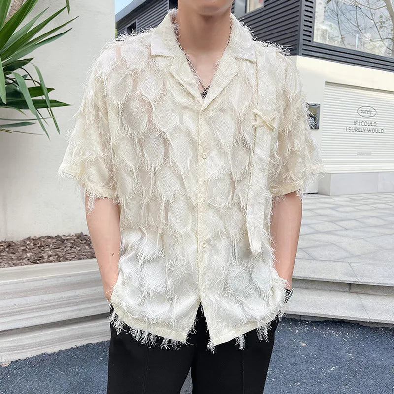 Mature Style Fringed Fringed Design Half-sleeved Shirt for Men's Niche Loose Summer Short-sleeved
