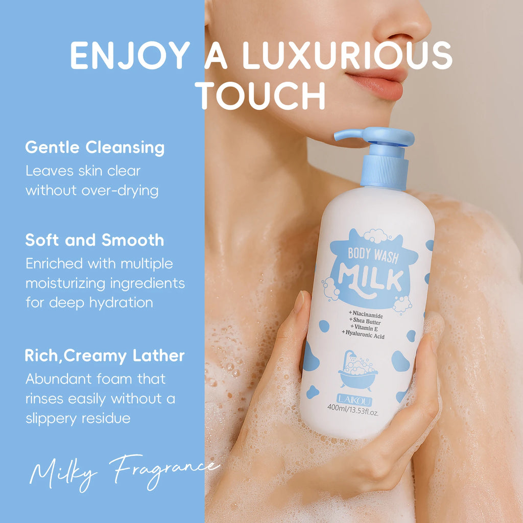 LAIKOU 400ml Milk Body Wash, Gentle Cleansing Long Lasting Moisturizing Milk Fragrance Shower Gel With Niacinamide & Shea Butter