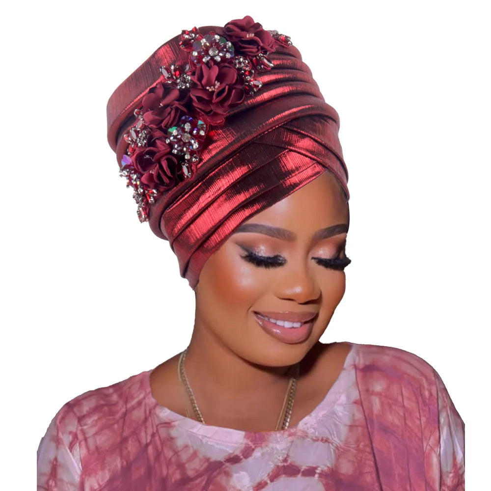 Nigeria Auto Gele Headtie Already Made Wedding Geles Female Head Wraps Diamond Flower 2025 New African Women's Turban Cap Bonnet