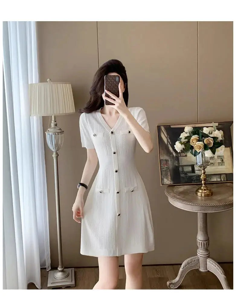 Summer V Neck Single Breasted Knitting Mini Dresses for Women 2024 Fashion Short Sleeve Mini Party Dress Vestidos Female