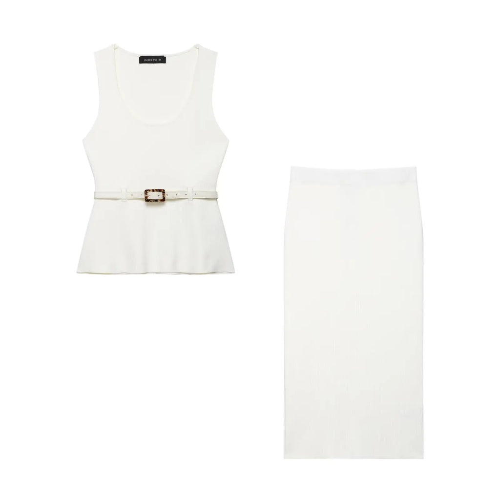 HH Women's Skirt Set Chic Sleeveless O-Neck Belt Decoration Solid Knitted Vest Top+Fashion Elastic Waist Hem Slit Midi Skirt
