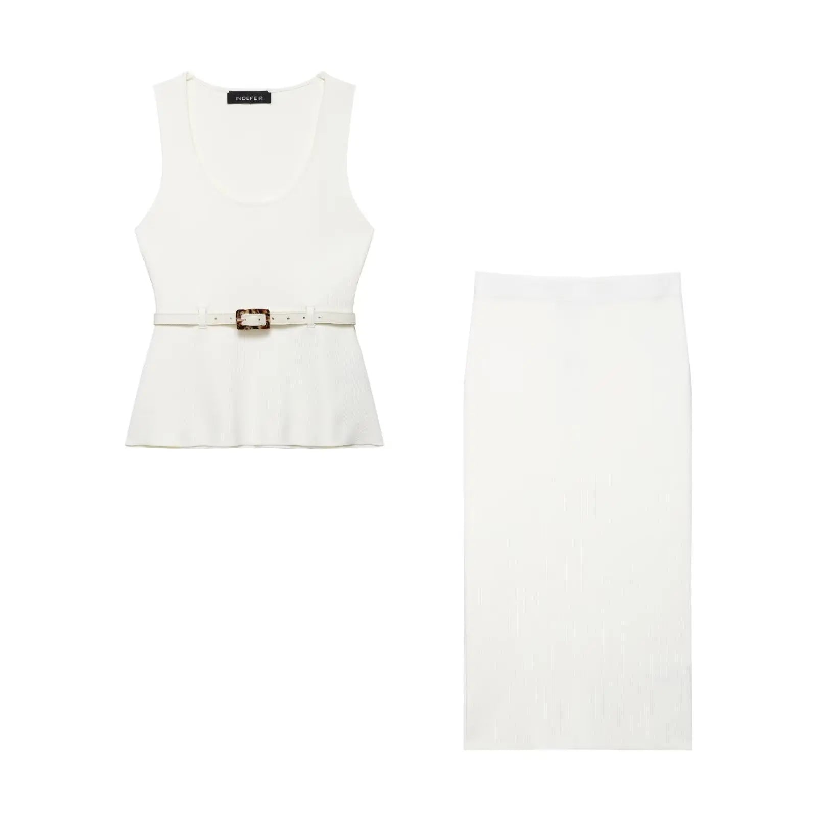 HH Women's Skirt Set Chic Sleeveless O-Neck Belt Decoration Solid Knitted Vest Top+Fashion Elastic Waist Hem Slit Midi Skirt