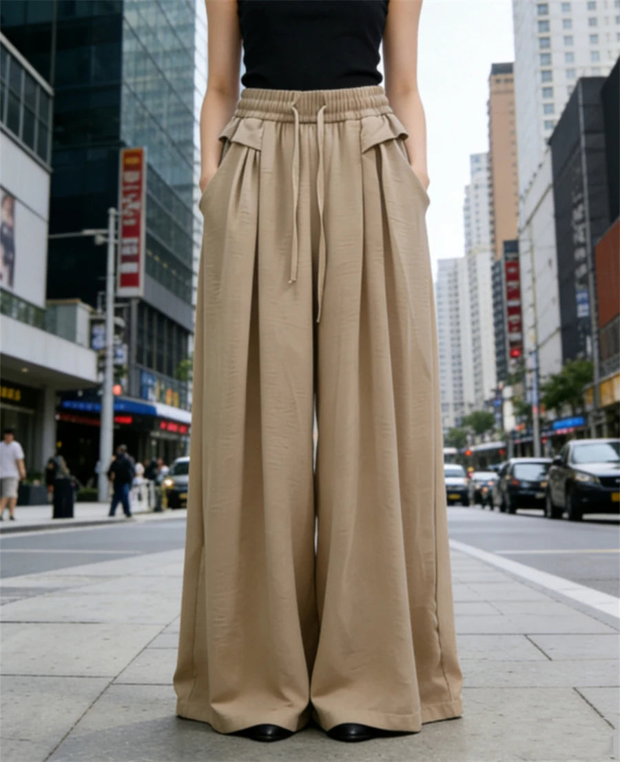 Women's Trousers New Fashion Solid Color High Waist Lace Up Thin Women's Wide Leg Pants Simple Drape Loose Casual Female Pants