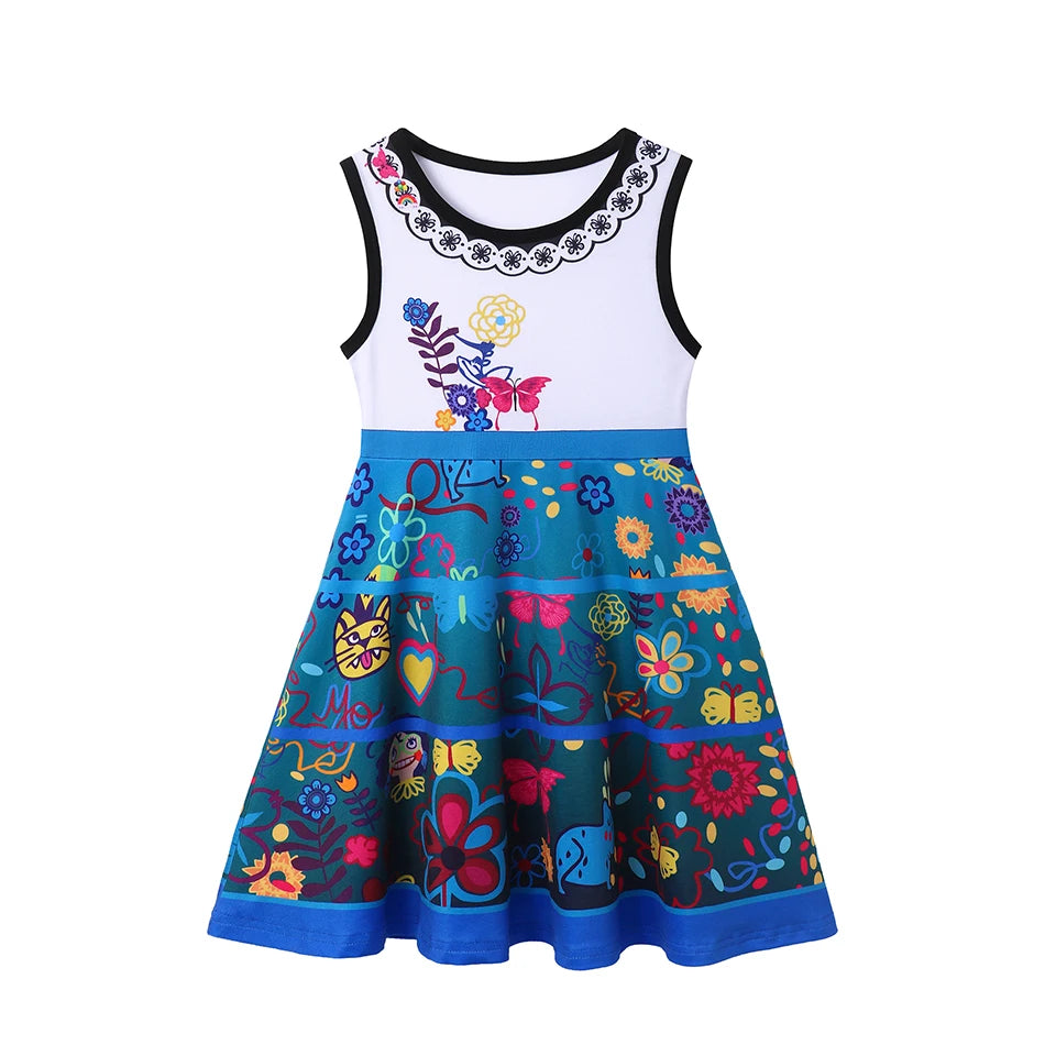 Summer Girls Dresses Cute Flower Print Round Neck Casual Dresses Carnival Party Girls Casual Dresses Princess Outfits
